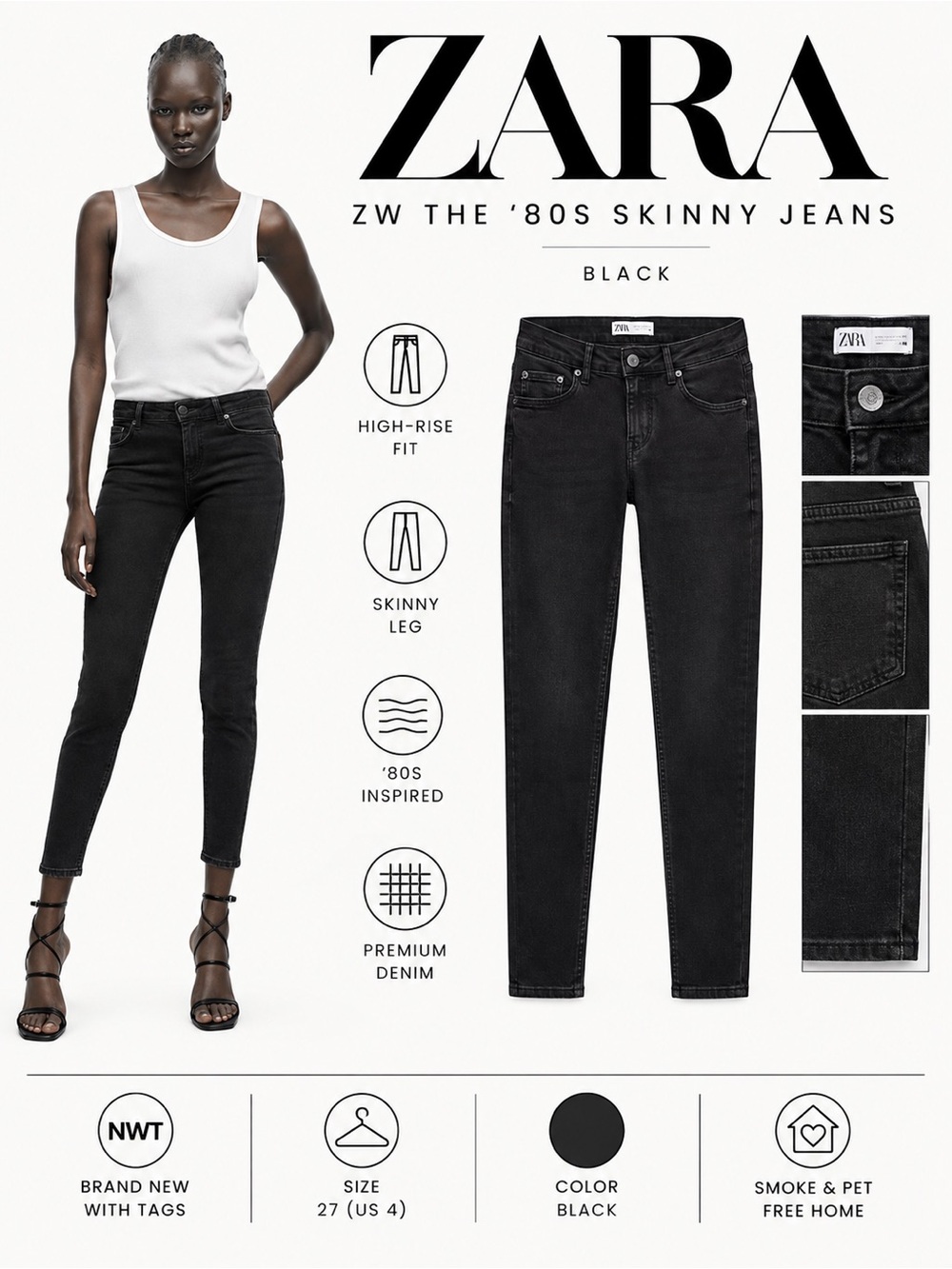 ZARA ZW The ’80s Black High Rise Skinny Jeans NWT Size 4